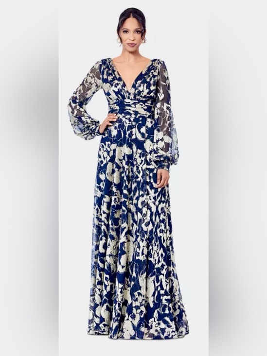 Betsy & Adam Dresses & Skirts - Betsy & Adam Navy and White Floral Wrap Long Sleeve Maxi Dress